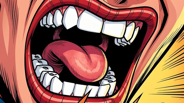 Open mouth screaming loudly comic illustration with wide red lips, white teeth, and pink tongue, showing intense emotion or sound burst in a vibrant pop art style.