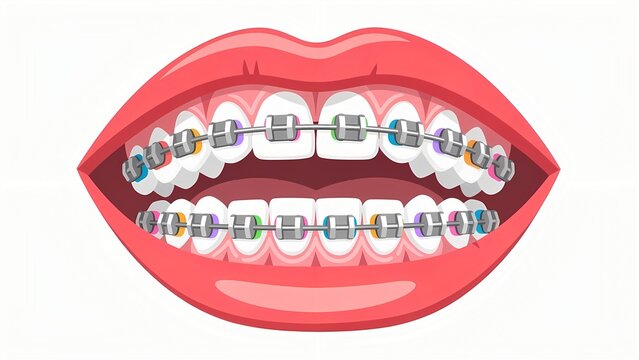 Open mouth with dental braces featuring colorful bands, illustrating orthodontic treatment and oral health care. A detailed cartoon representation of teeth alignment process and modern dentistry.