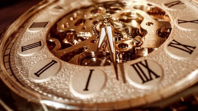 Macro view of mechanical gold watch face with moving gears and ticking hands in cinematic motion.