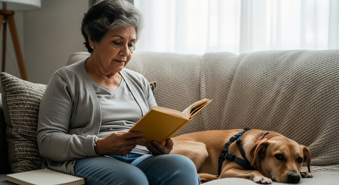 Senior Hispanic woman reading a book on a comfortable sofa with her faithful pet dog resting beside her in a cozy home living room.