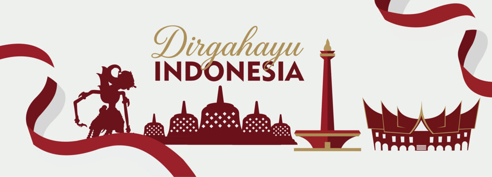 Indonesia Merdeka Celebration Background with Cultural Landmark Vector. national colors, and stylish typography suitable for Independence Day posters, social media, greeting cards.