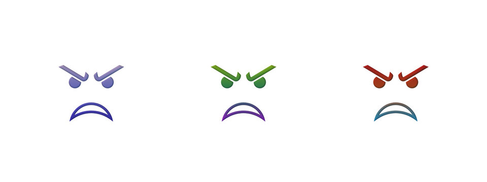 Three colorful angry face icons with frowning expressions