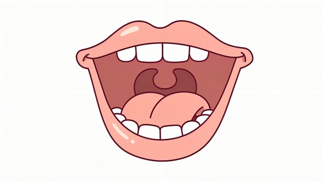 Open cartoon mouth with tongue and white teeth, showing the uvula and inner throat, a vector illustration of human oral cavity for dental or speech concepts.