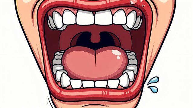 Wide open mouth screaming loudly with visible teeth, tongue, and uvula in a vibrant cartoon illustration, depicting strong emotion, shock, or a loud vocalization.