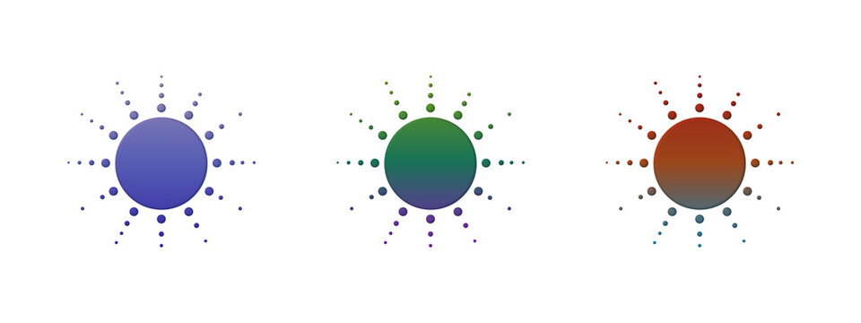 Three colorful sun icons with dotted rays