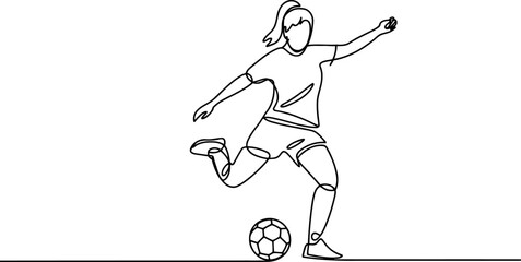 Fototapeta premium Continuous line of a female soccer player kicking a ball on a white background