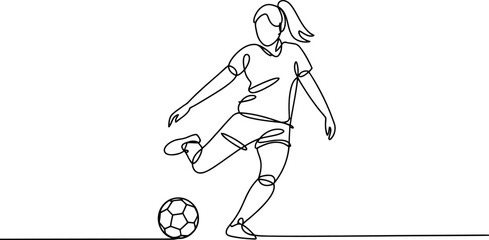 Fototapeta premium Continuous line of a female soccer player kicking a ball on a white background