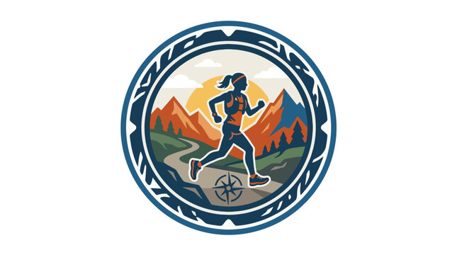 Female trail runner emblem with mountain backdrop.