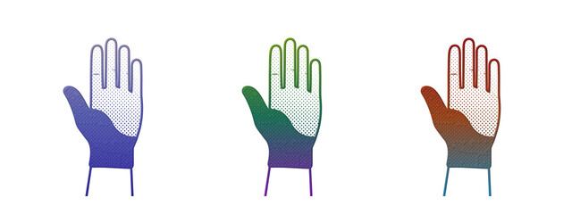 Fototapeta premium Three colorful hand palm icons with halftone texture