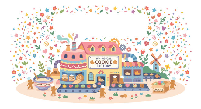 A whimsical cookie factory illustration features gingerbread men making colorful treats on conveyor belts surrounded by a burst of sprinkles.