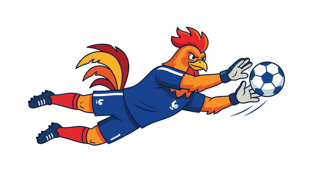 French soccer mascot jules rooster athlete in blue jersey, goalie gloves, with white soccer ball. Suitable for sports, soccerthemed designs.
