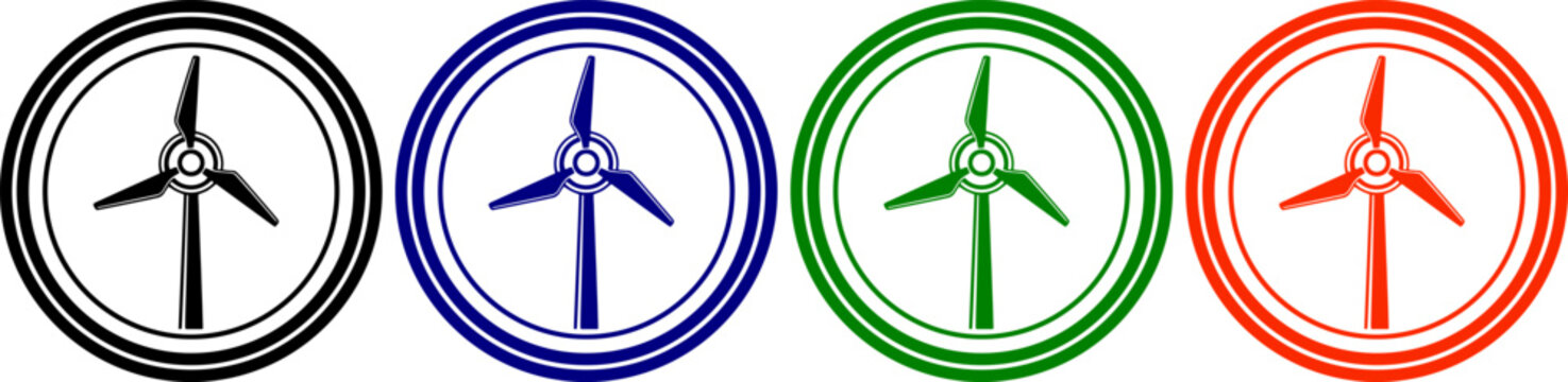 Four wind turbines in black blue green orange colors inside circles representing renewable energy isolated on white