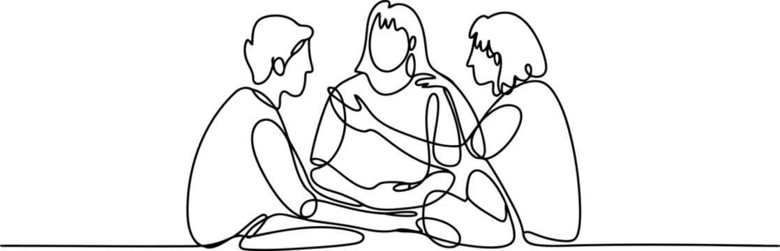 Continuous line of three people sitting together in a circle talking and interacting on a white background 