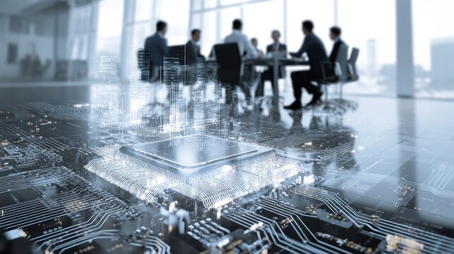 Future of Business: A boardroom meeting of silhouettes is reflected in a sleek, modern floor overlayed with a glowing computer chip and intricate circuitry.