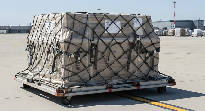 Cargo boxes secured on airport tarmac.