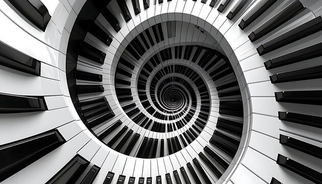 A spiral staircase viewed from above, resembling piano keys