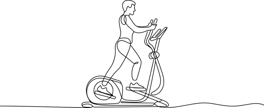Male figure performing an elliptical workout in a stark black and white continuous line on a white background