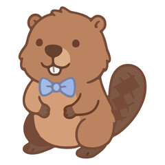 Obraz premium Cute Beaver Wearing Blue Bow Tie Cartoon Illustration