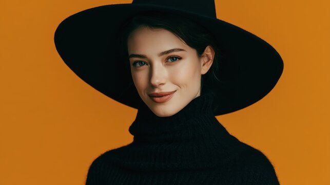 Wide commercial shot, beautiful stylish witch smiling gracefully, black outfit. Solid orange background, clean empty space
