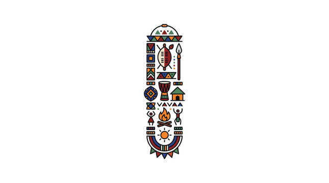 Vertical totem pole design featuring traditional African cultural symbols and tribal icons.