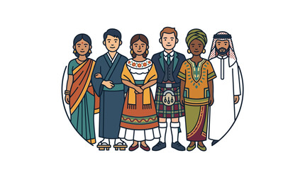 Obraz premium A diverse group of people wearing traditional cultural clothing from around the world.