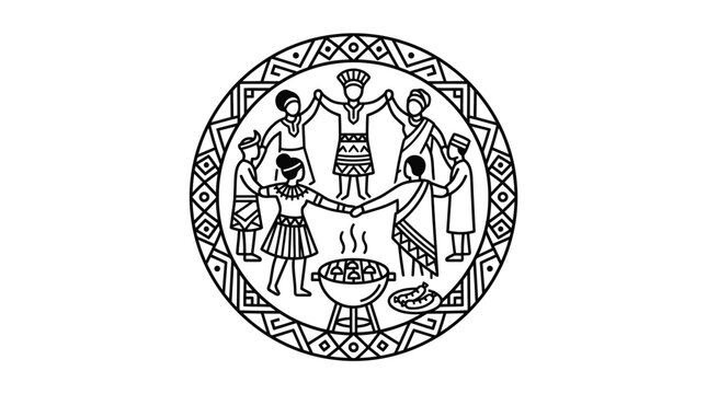 Line art illustration of a group of people dancing in a circle around a cooking pot.