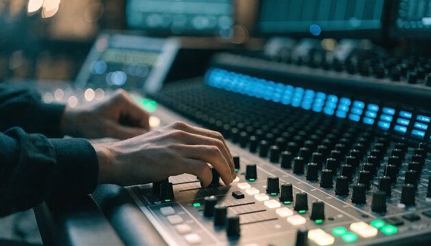 Sound engineer adjusting audio mixer controls in professional recording studio with blue lighting