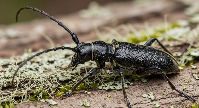 Black beetle on tree bark outdoors.