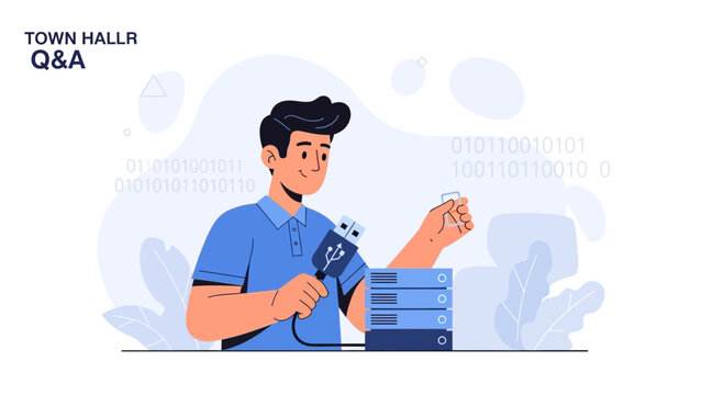Man connecting USB drive to computer server, representing data transfer and IT support