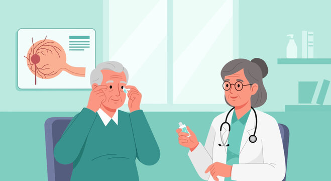 Doctor Consults Senior Patient for Eye Exam and Treatment, Eyedrop Prescription