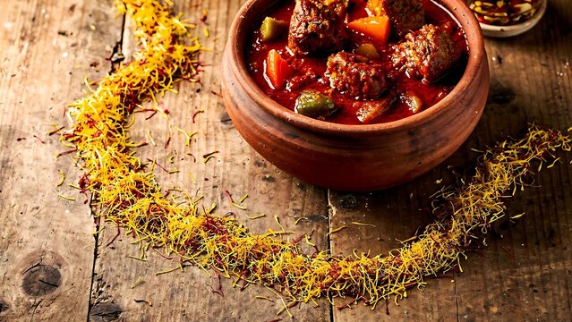Close up of traditional spiced chutney in earthenware bowl.