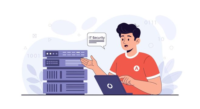 IT Security Concept: Man in Red Shirt with Laptop Near Servers, Binary Code Background, Vector Illustration