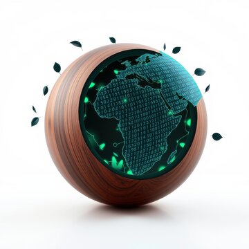 Globe depicts world map covered with binary code. Leaves float around sphere, suggesting nature, technology fusion.