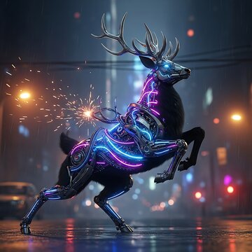 Cybernetic cervid figure illuminates rainy urban street with glowing neon accents and sparking mechanisms