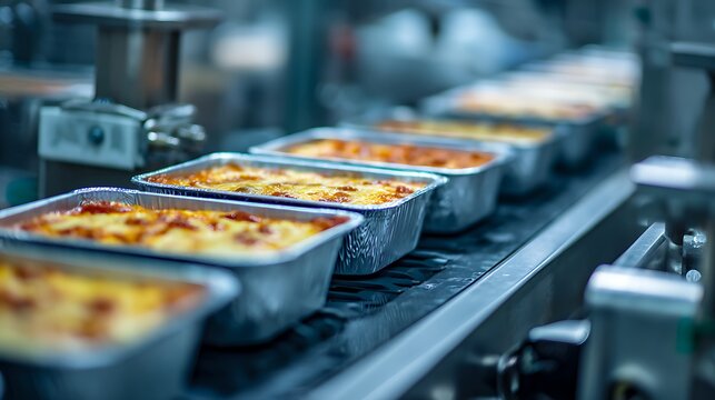 Industrial food production line processing baked lasagna trays.