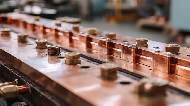 Close up of industrial copper busbar electrical components in factory.