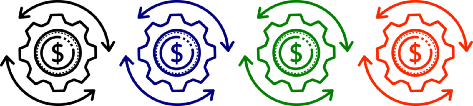 Gear with dollar sign and circular arrows symbolizing finance process or economy in various colors