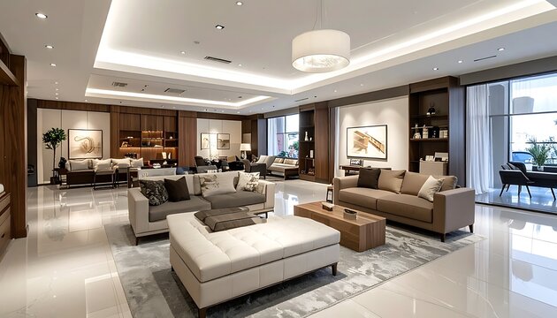 A spacious modern living room with elegant furniture and lighting
