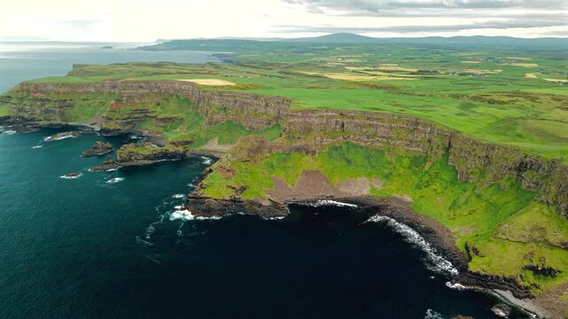 Aerial of rugged Causeway Coast Northern Ireland UK