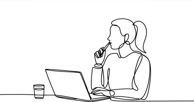 Woman with ponytail thinking while using laptop holding pen to mouth in continuous line style on white background