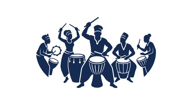 A group of people playing traditional African drums and percussion instruments together.