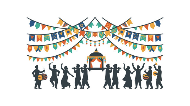 Silhouette illustration of a traditional Indian wedding procession with dancers and musicians.