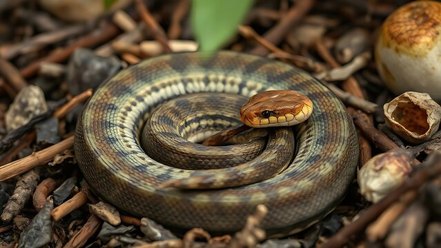 Python snake resting among food remnants, visibly full abdomen in natural habitat.