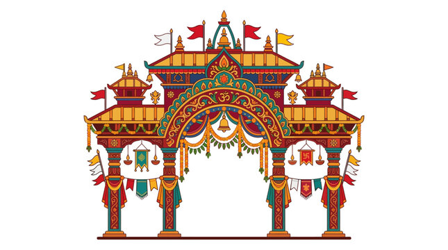 Ornate traditional Indian ceremonial archway with festive decorations and flags.