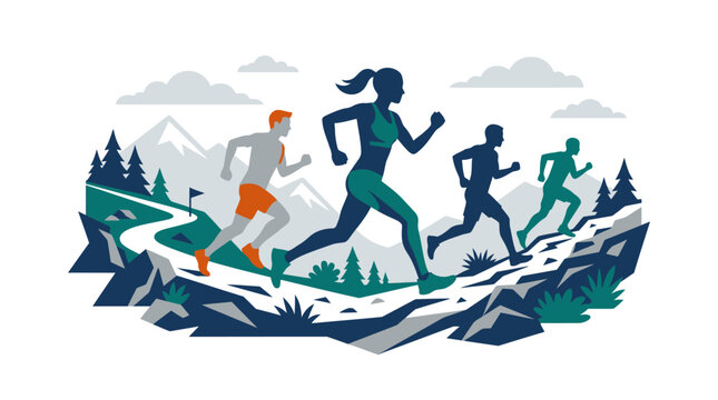 Group of diverse runners on mountain trail.