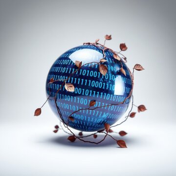 Blue sphere covered in binary code. Brown vines wrap around it, featuring dried leaves. Digital nature concept.