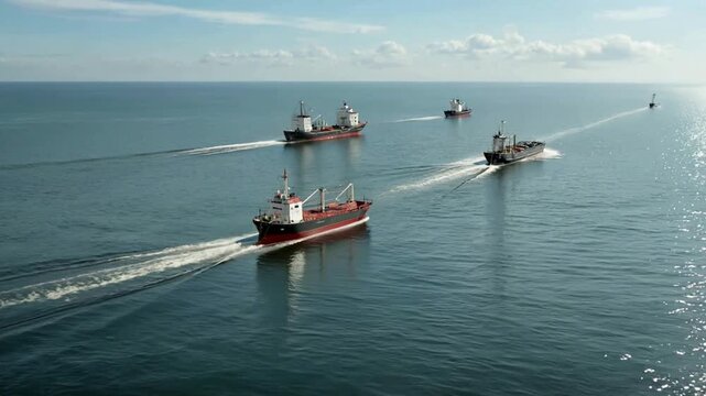 Cargo Ships Sailing Across Open Sea for Maritime Transport and Global Trade