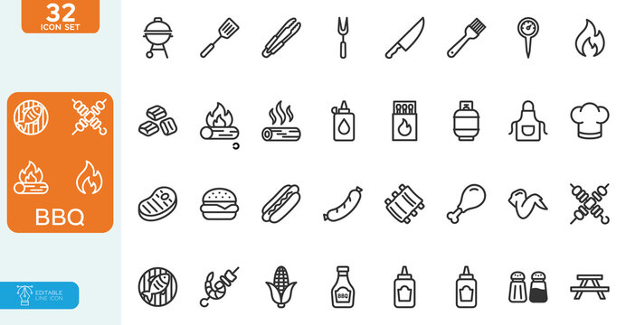 BBQ Vector illustration line editable Icons set. Contain icons related to BBQ barbecue and grill icons. on white background.