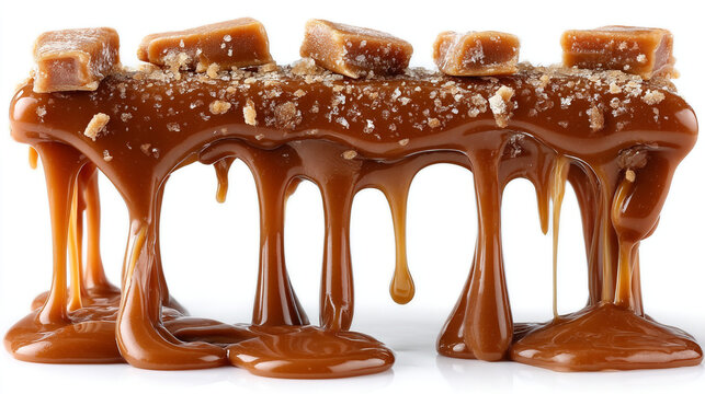Gooey sweet caramel sauce dripping from toffee chocolate bar with sugar coated chocolate dripping