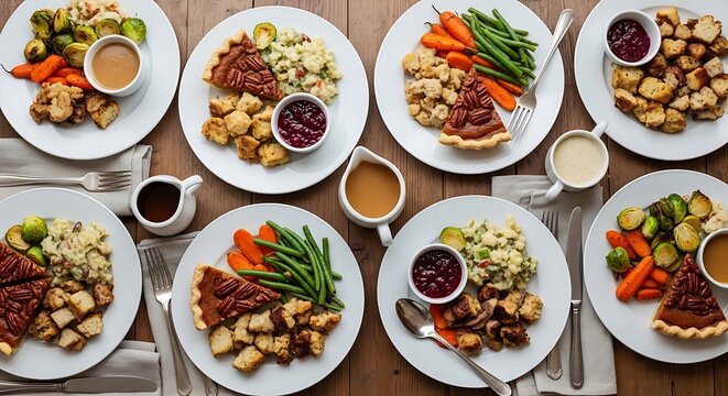Delicious traditional holiday meal with turkey stuffing vegetables and desserts on plates